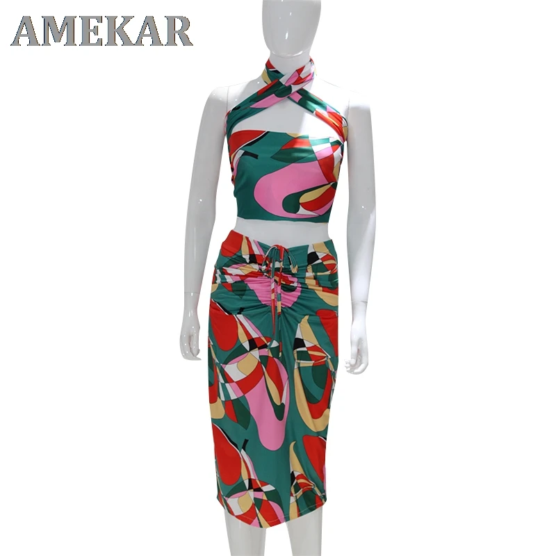 

2021 Sexy Print Tracksuit Woman Two Piece Boho Outfit Suits Halter Bandage Tanks And Ruched Drawstring Midi Skirts Matching Sets