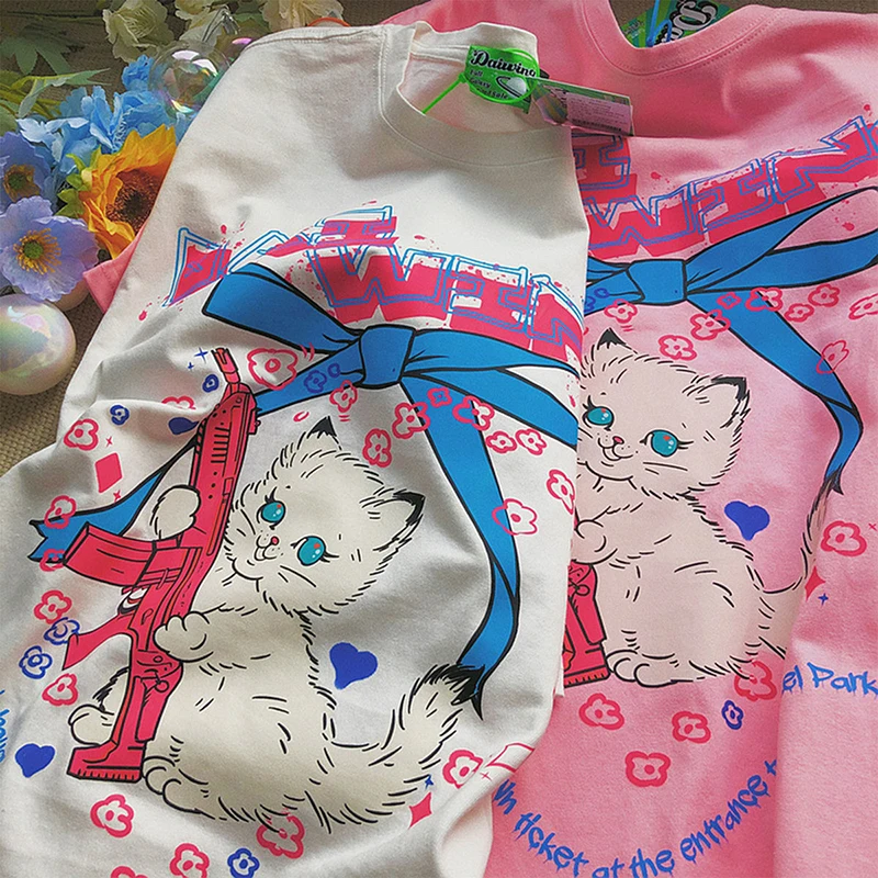 Футболка женская с принтом пистолета и котенка милый Повседневный Топ в стиле