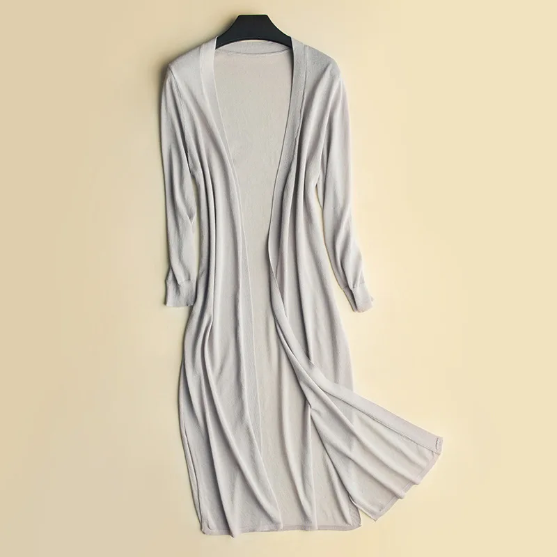 Sun protection cardigan women long section 2020 summer thin ice silk knitted loose shawl ladies Long sleeve tops shirts |