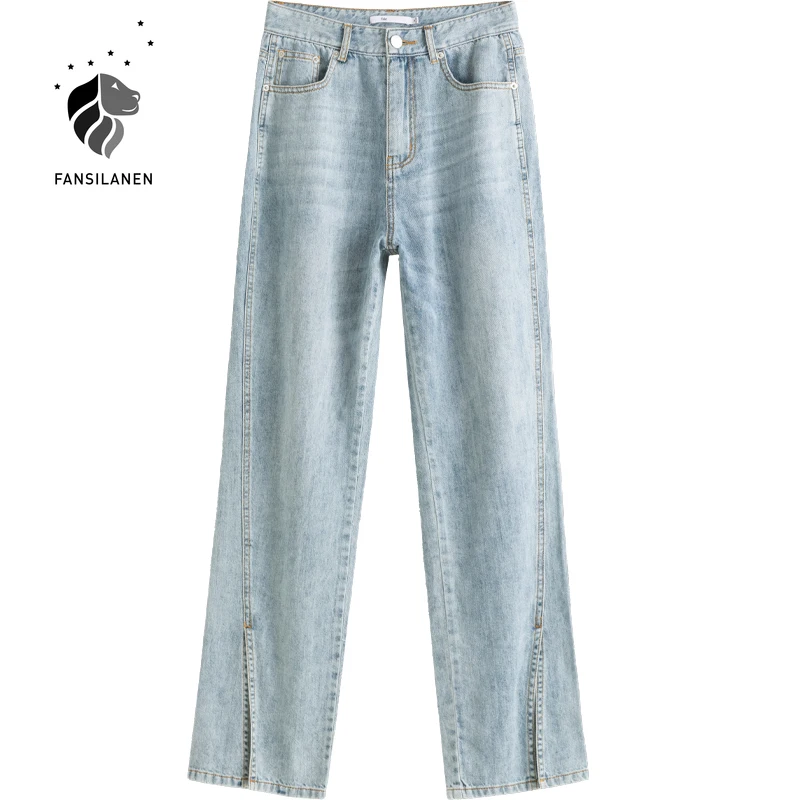

FANSILANEN Office Lady 100% Cotton Light Color High Waist Jeans Women Summer 2021 New Split Straight Loose Pants Clothes