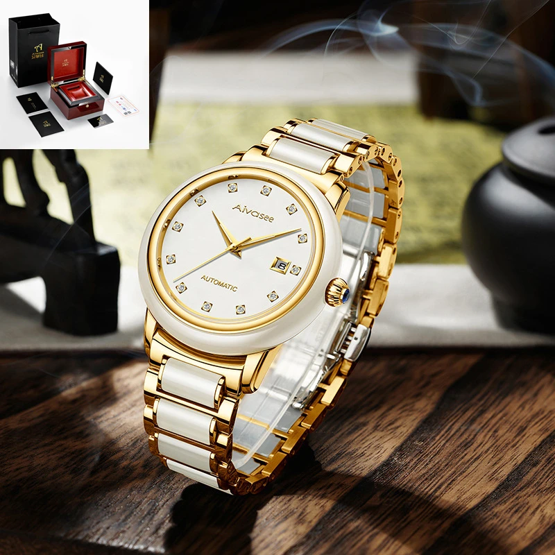 

2020 New Luxury Brand Fashion Couple Watch Automatic Mechanical Natural 100% Jade Men Watches Top Gift Creative Women Wristwatch
