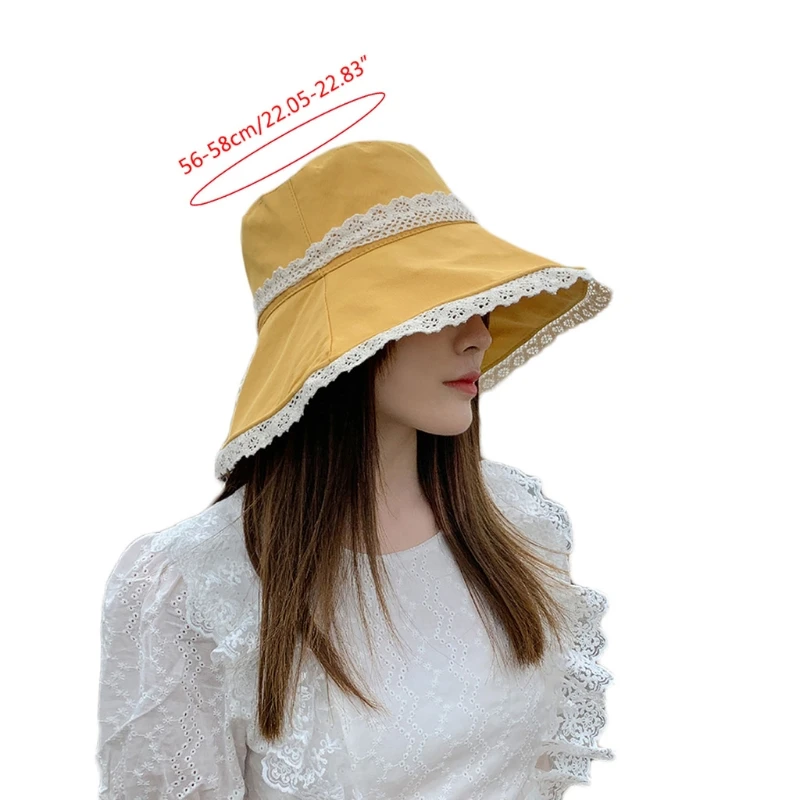 

Women Summer Outdoor Big Wide Brim Bucket Hat Sweet Lace Bowknot Sun Protection Travel Beach Packable Cotton Panama Cap 20CF