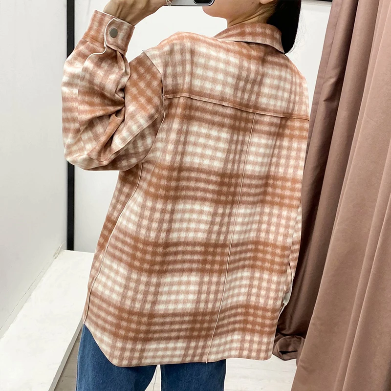 

ZA Women Plaid Coat Jacket 2021 Spring Autumn Casual Pocket Turn Down Collar Elegant Loose Overcoat Long Sleeve Coats