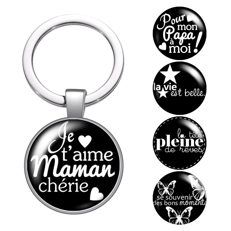 

Французский Je t'aime mama» и «I Love papa» и Чери стеклянный брелок с кабошоном сумка ключи держателем в виде кольца с серебряным покрытием брелки Для...