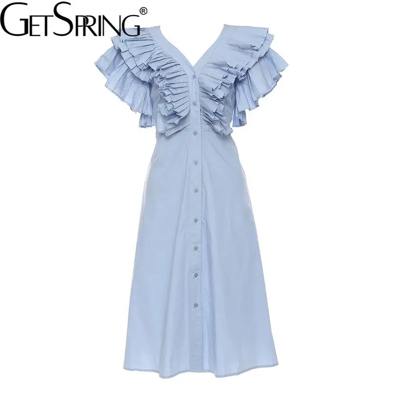 

GetSpring Women Dress Temperament V Neck Short Sleeve Single Breasted Lace Up Pleated High Waisted Long Dresses Spring Summer