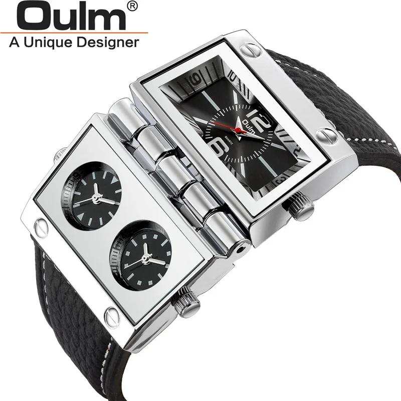 

OULM Sport Male Watch Big Dial Three Time Zone Quartz Clock HP9525 New Punk Style Leather Strap Men Wristwatches