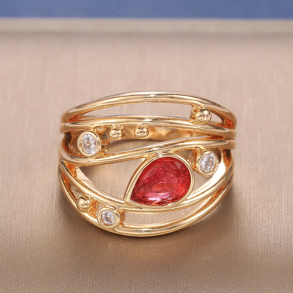 

JK Fashion 5 Row Hollow Band Design Inlaid Red Crystal Zircon Gorgeous Ring for Women Wedding Dance Party Stylish Jewelry