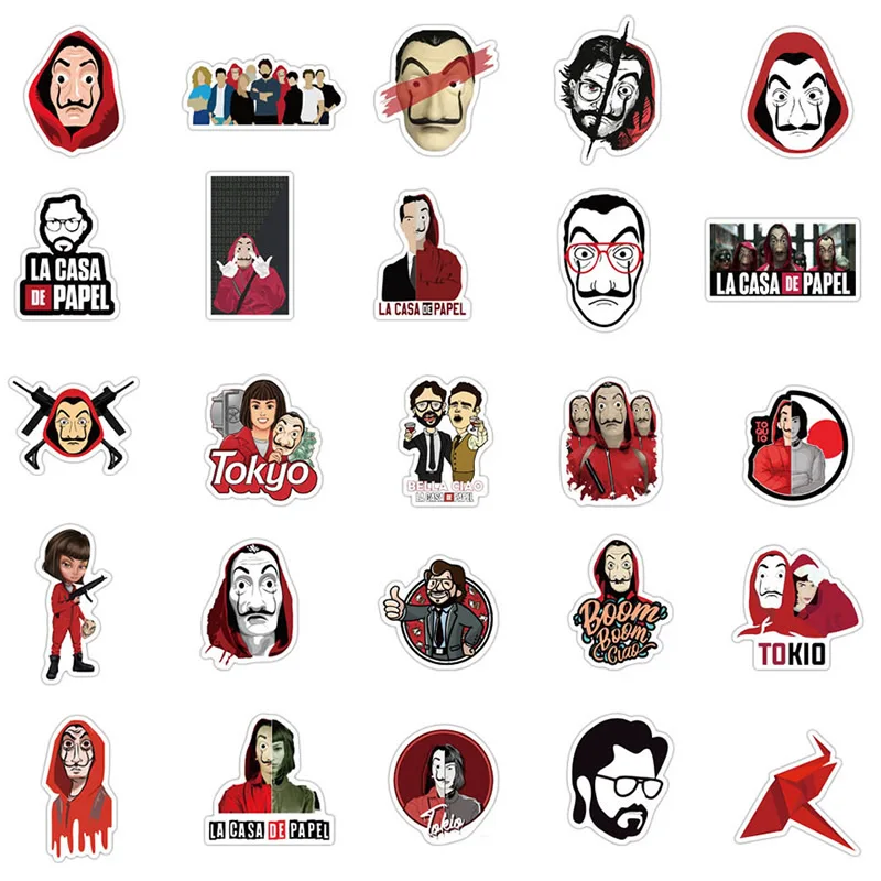 Pegatinas impermeables De La Casa De Papel para ordenador port&aacute;til, pegatinas divertidas De bricolaje para equipaje, guitarra y bicicleta, serie De TV, Money Heist, 10/30/50 unids/paquete-2