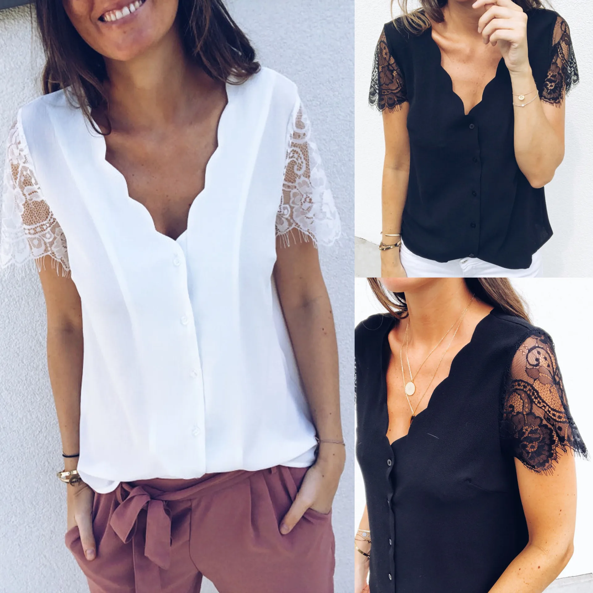 2019 повседневные женские блузы с v-образным вырезом и кружевными пуговицами