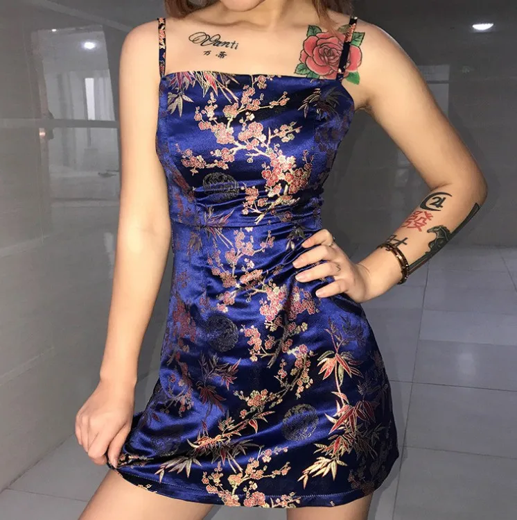 

New women's sexy Chinese style satin jacquard strap dress mujer Sexy para mujer moda 2020