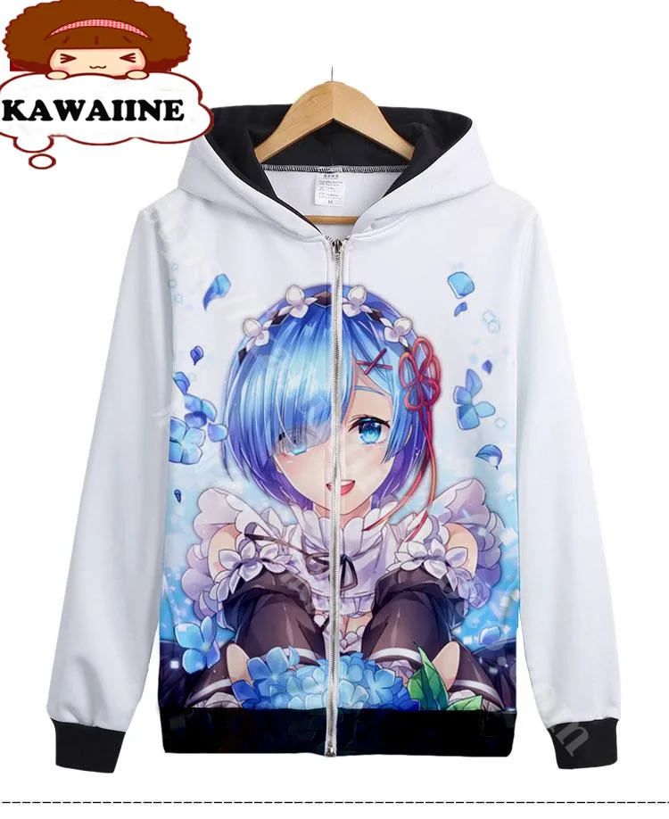 Аниме Толстовка большого размера с рисунком Re:Zero kara Hajimeru Isekai Seikatsu RAM &amp REM белые