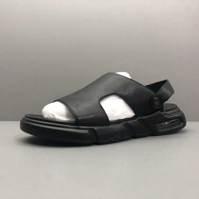 Черные мужские пляжные сандалии Летние удобные шлепанцы из натуральной кожи