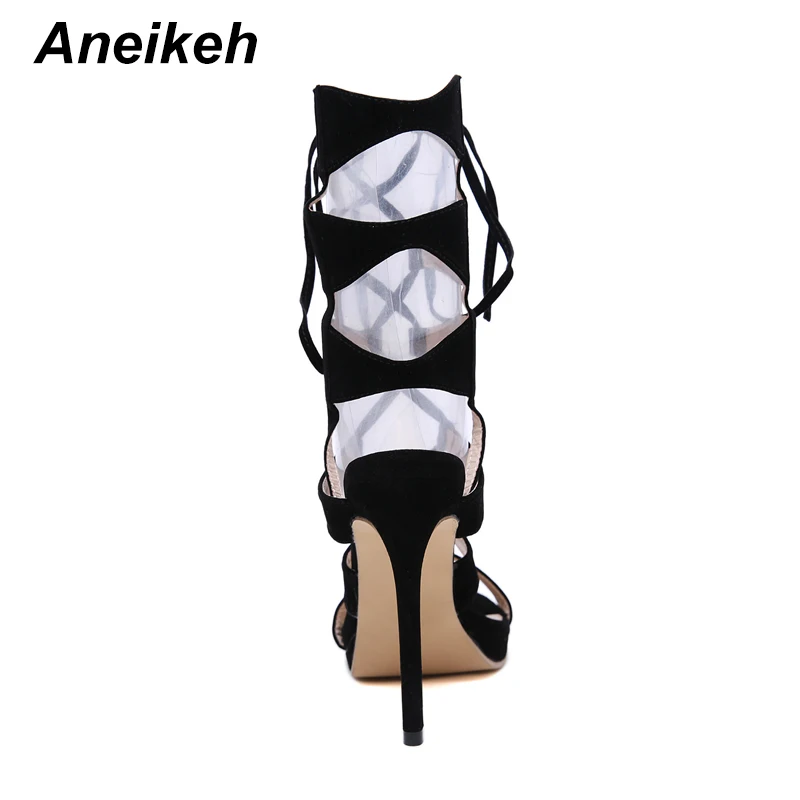 Aneikeh/модные базовые ботинки; женские туфли-лодочки на высоком каблуке; пикантные Летние босоножки из флока с вырезами и сеткой, на шнуровке, с перекрестной шнуровкой; обувь; вечерние женские ботинки до середины икры для ночного клуба; Цвет Черный; размеры 34-40