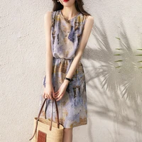 2021 new elegant and quiet purple oil painting print silk dress summer vestidos de mujer straight casual polyester