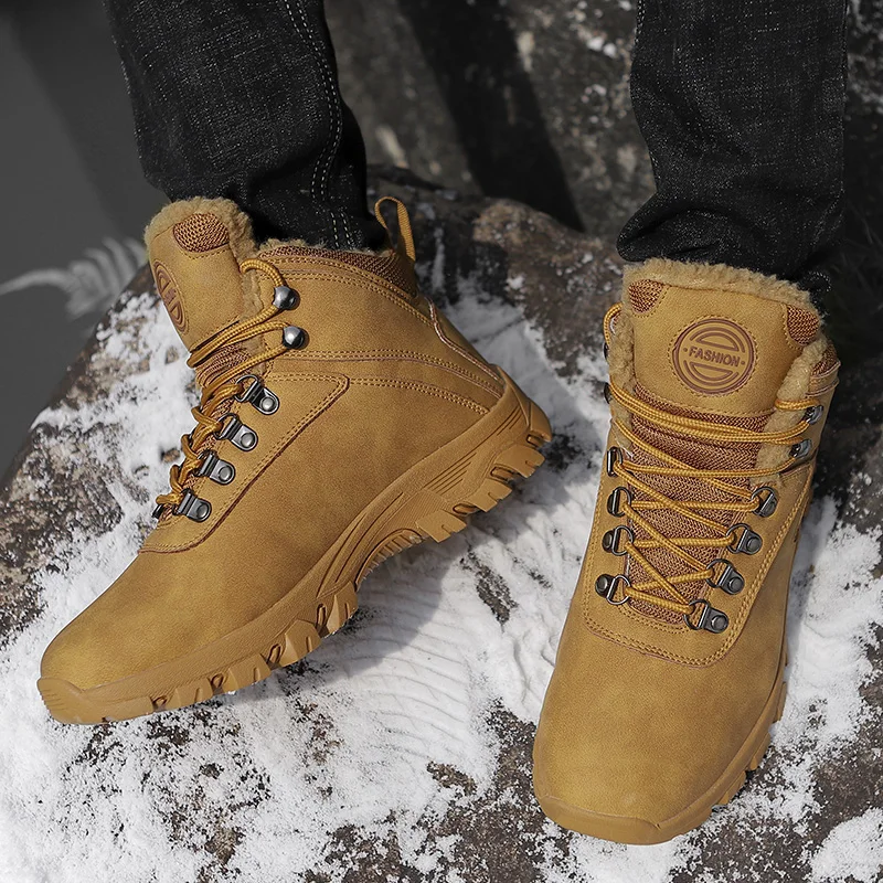 Men Outdoor Anti-Skidding Leather Shoes Men Popular Comfy Springwinter Short Plush Snow Durable Outsole Keep warm Trekking Shoes