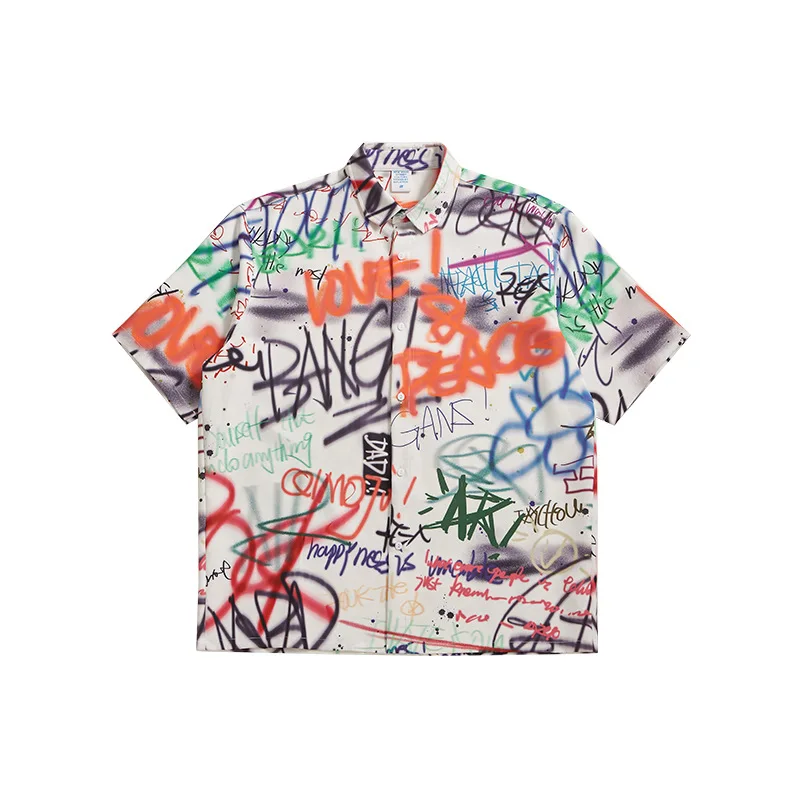 

Cool Graffiti Shirt Men Streetwear 2021 Summer High Street Short Sleeve Shirt Men Hip Hop Skateboard Shirt Boy