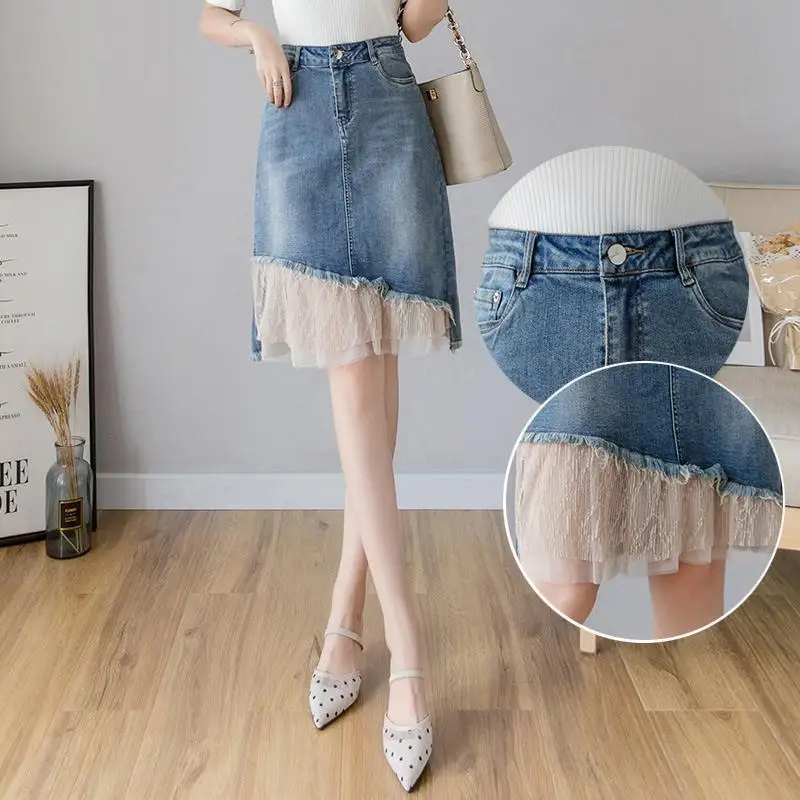 

Retro Denim Skirt Female Summer 2021 New Irregular A-line Skirt Mid-length Stitching Mesh Gauze Bag Hip Skirt