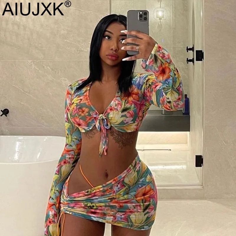 

AIUJXK Цветочный принт сексуальный комплект бикини Для женщин с длинными рукавами из 2 предметов, купальник и юбки Cover Up 2021 пляжная одежда купал...
