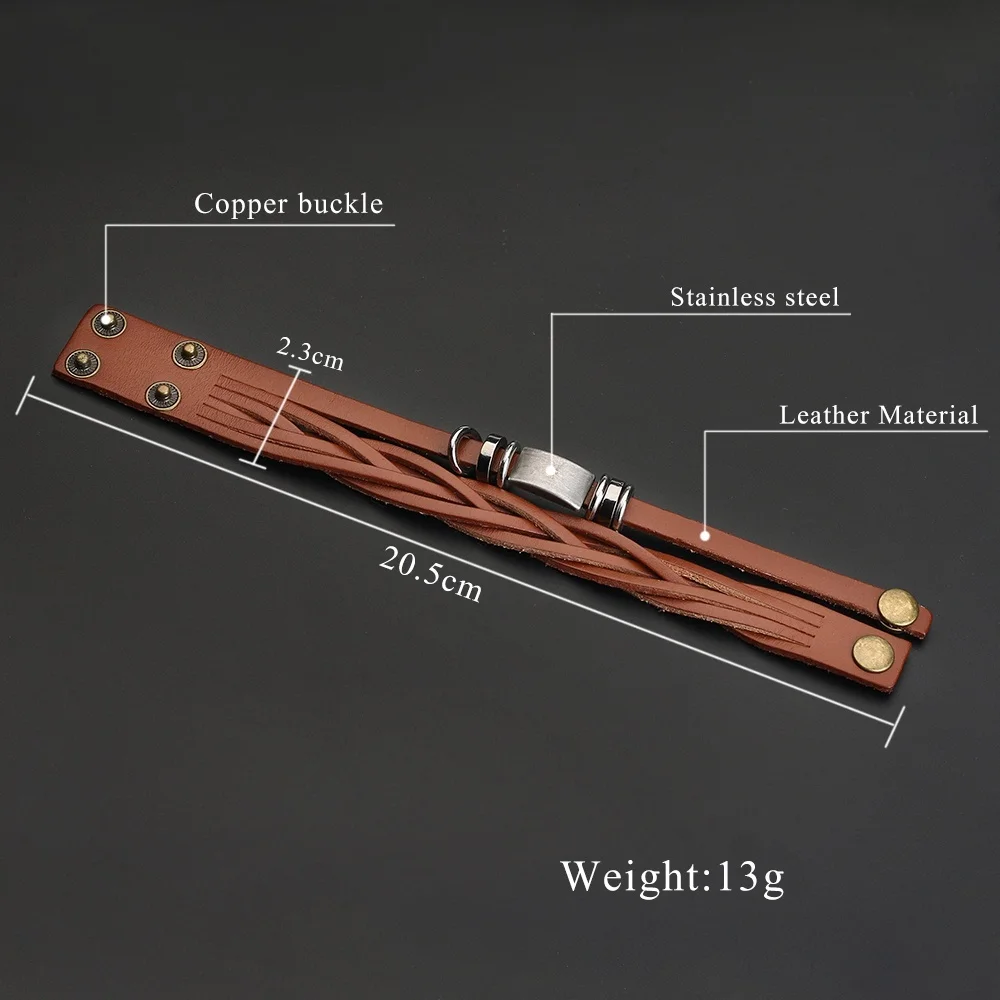 

2021 Fashion Jewelry Vintage Multi-layer Hand-woven Brown Leather Bracelet Charm Double Cuff Stainless Steel Bracelet for Women