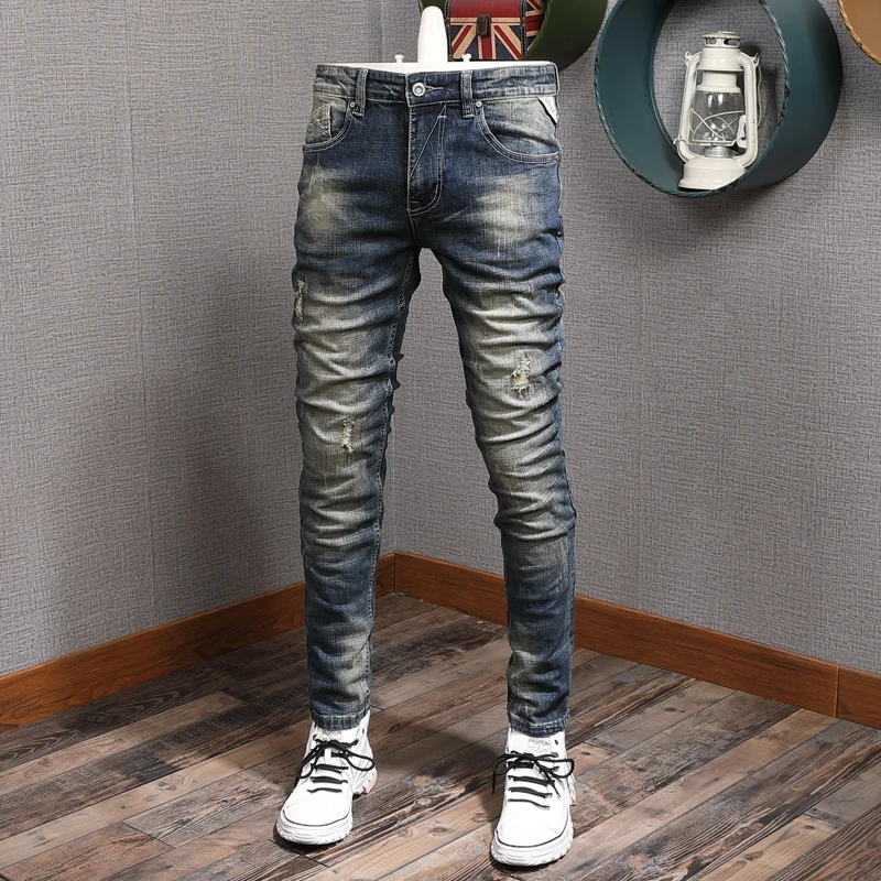 Classic Vintage Distressed Ripped Jeans Men Cotton Slim Fit Retro Blue Denim Pants