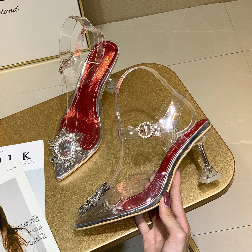 Женские босоножки прозрачные летние туфли лодочки с острым носком на высоком