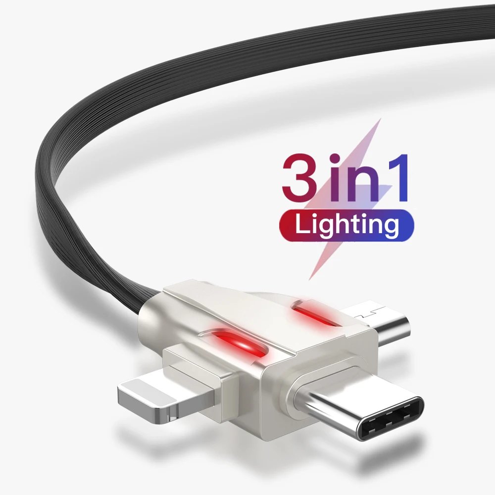 3 в 1 Освещение USB C Micro 8 Pin кабель для передачи данных iPhone Samsung Android 3in1 зарядного