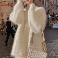 white mohair sweaters chic cardigan women 2020 winter hairy soft solid woman sweater coat v neck cardigan female jacket outwear
