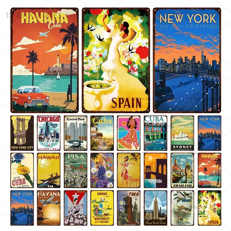 

City Landscape Retro Metal Tin Sign Buildings Sea Beach Plaque Decorative Plate Metal Wall Decor For House Hotel Iron Painting
