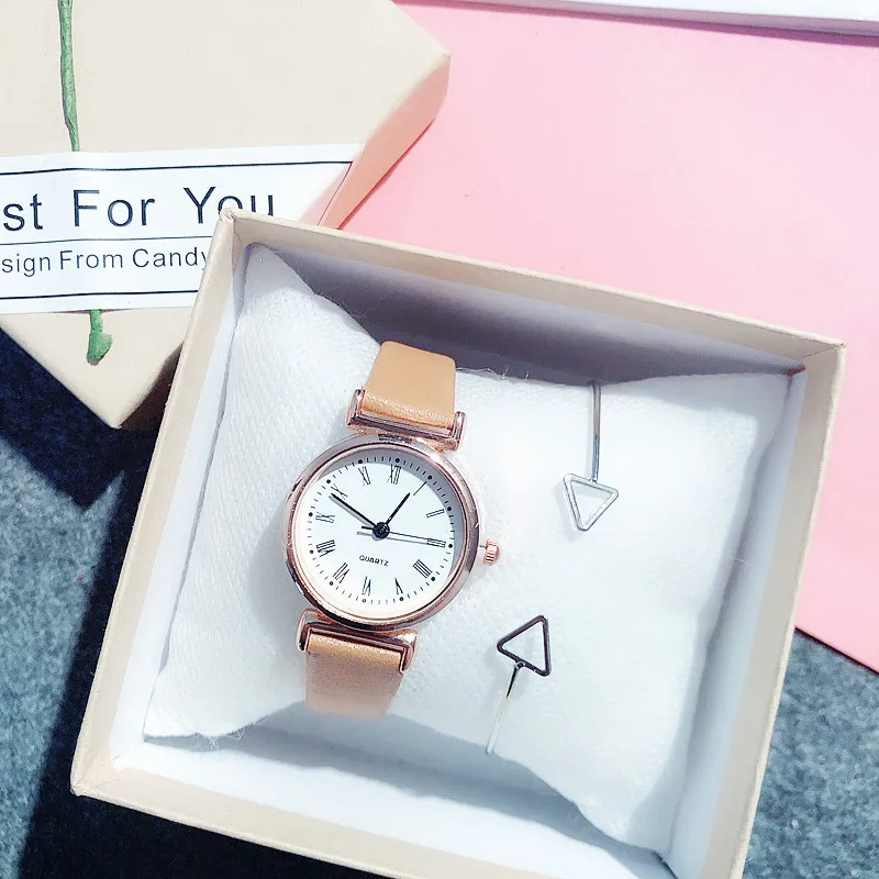 Модные милые женские часы с кожаным ремешком и маленьким циферблатом розовое