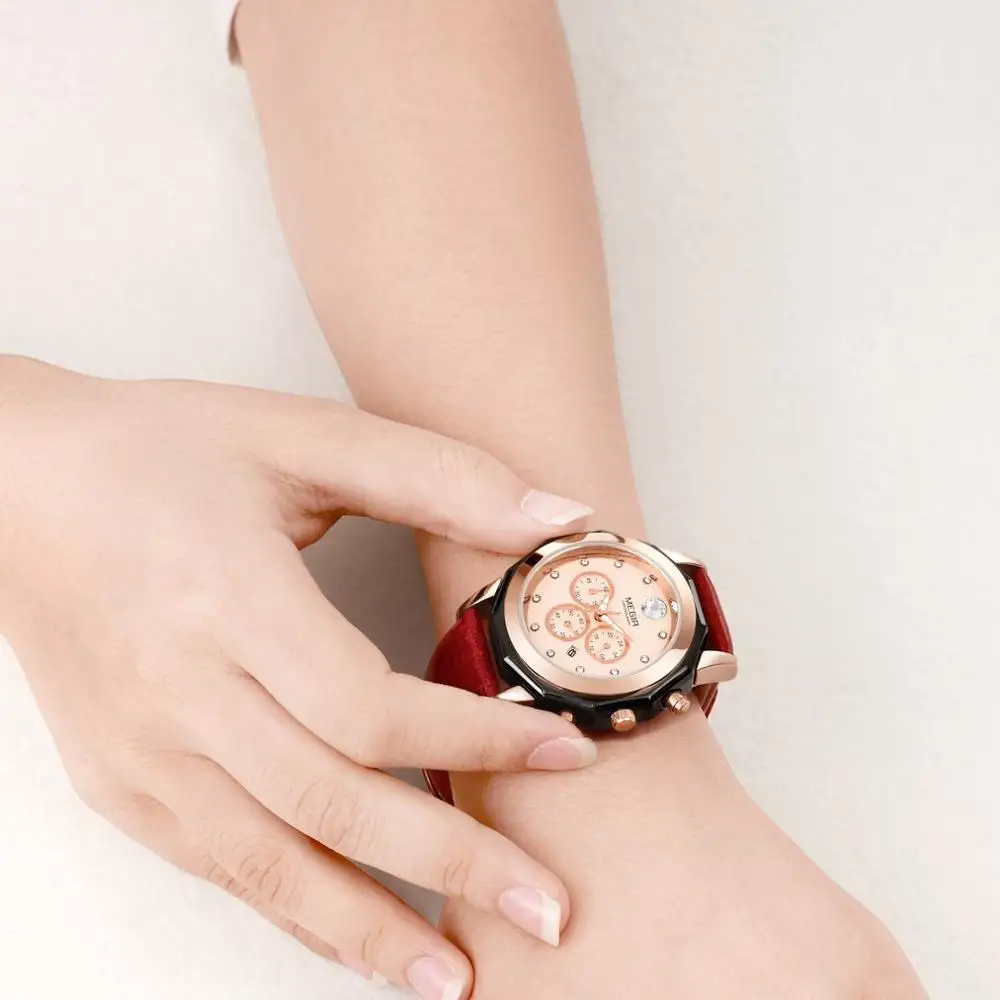 Женские кварцевые часы с хронографом Megir красные водонепроницаемые наручные