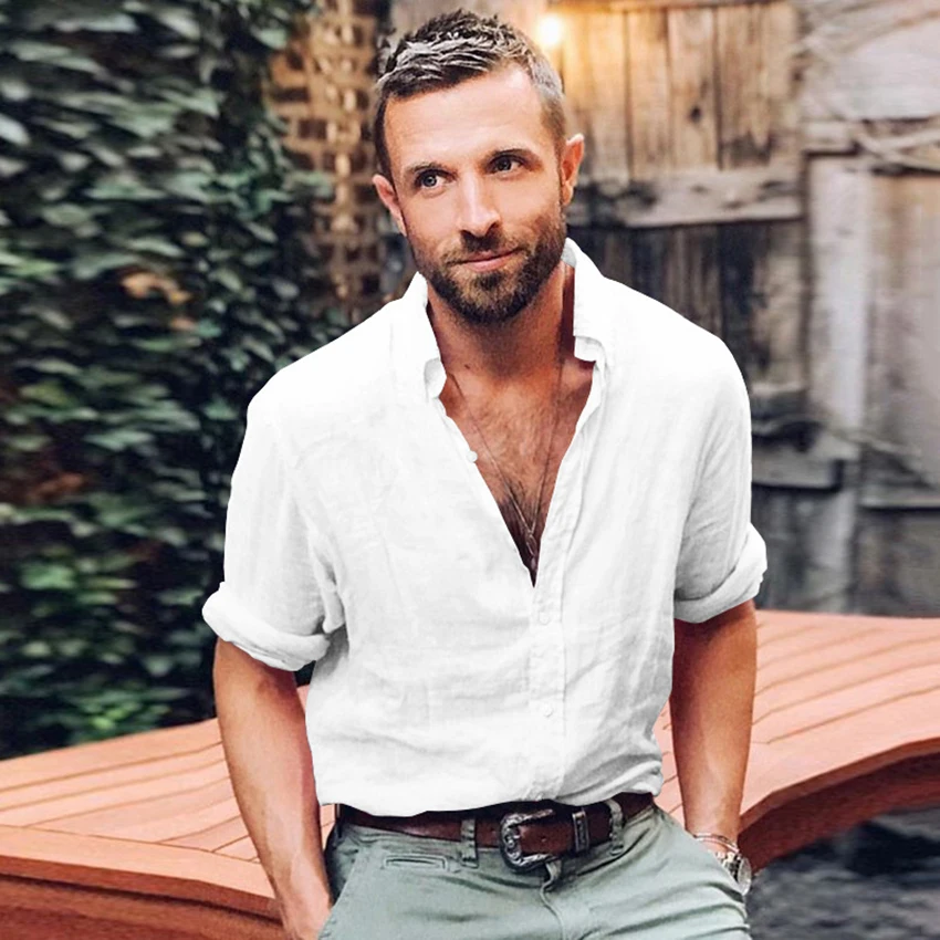 

Рубашка мужская однотонная с воротником, мягкая сорочка с длинными рукавами, на пуговицах, украшение в винтажном стиле, модная одежда на осе...