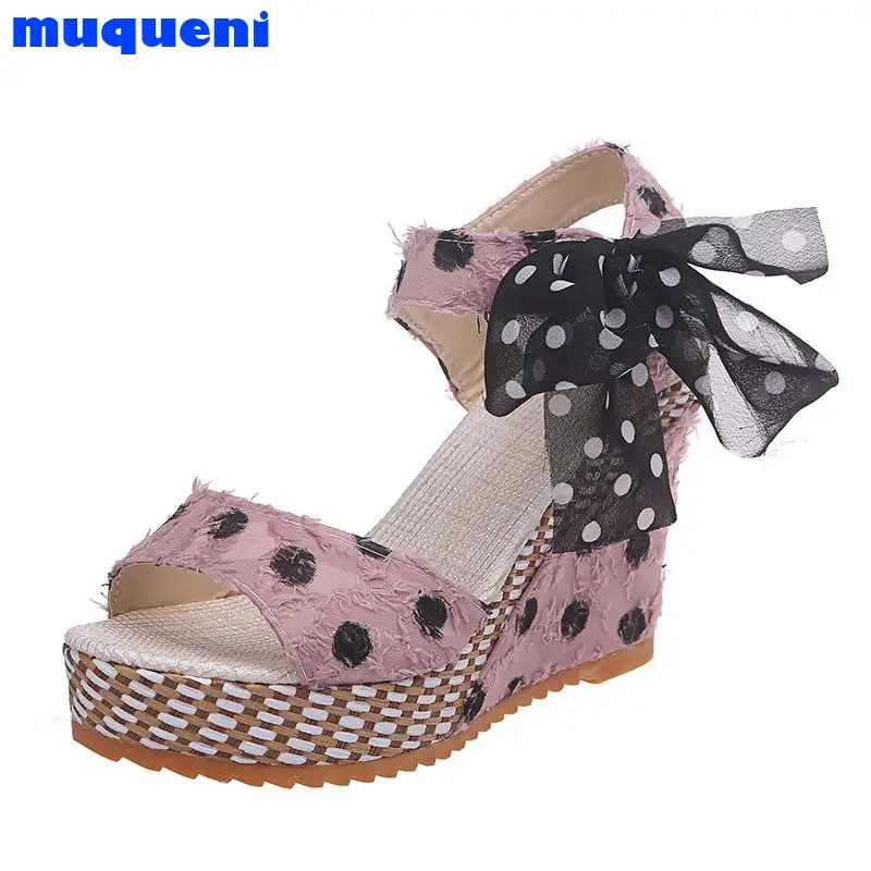 

Women Sandals Dot Bowknot Design Platform Wedge Female Casual High Increas Shoes Ladies Fashion Ankle Strap Open Toe Sandals