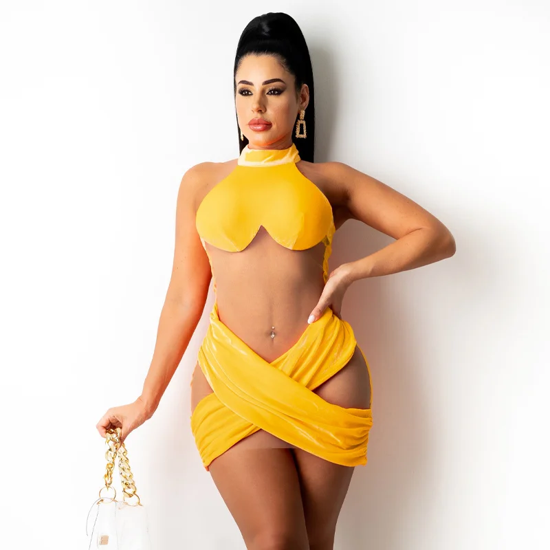 

CHRONSTYLE Mesh Sheer Patchwork Women Dress Party Clubwear 2021 See Through High Neck Sleeveless Criss-cross Pencil Dress Outfit