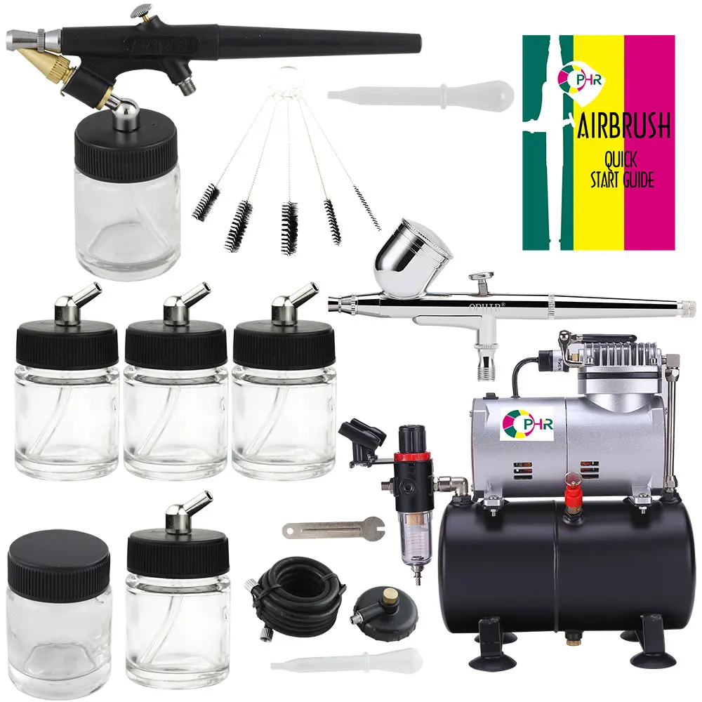 OPHIR Dual Action Airbrush Air Tank Compressor Kit & Cleaning brush & 4x Single Action Airbrush Bottle for Hobby AC090+004A+071