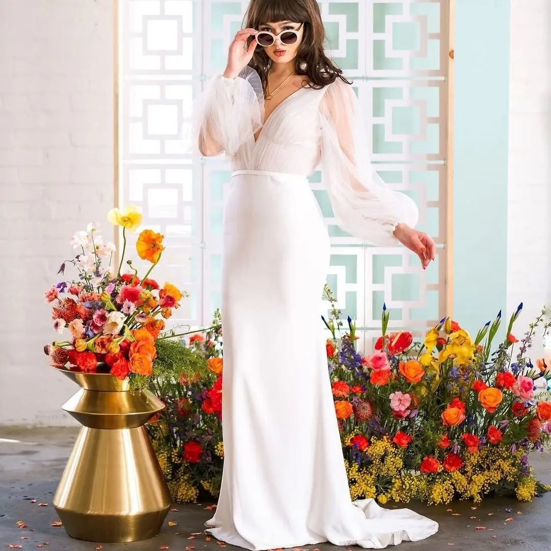 

Elegant Puff Long Sleeve Bride Dresses V-Neck Backless Wedding Dress 2021 Satin Sashes Sheath Wedding Gown vestidos de novia
