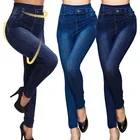 Модные Простые укороченные брюки в Корейском стиле на весну и осень, бесшовные имитация джинсовой ткани, облегающие хлопковые брюки с принтом синего цвета