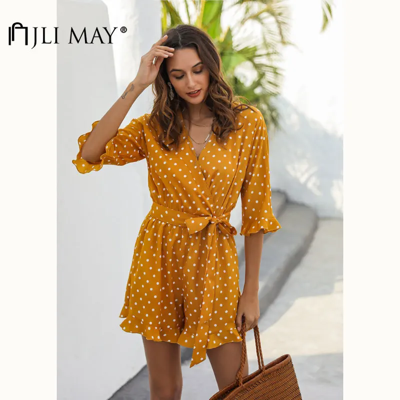 

JLI MAY Romper Women Polka Dot Playsuit Casual V-Neck Half Sleeve Patchwork Ruffles Bow Lace Up Summer Straight Playsuits