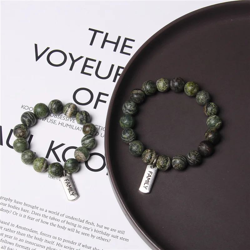 

Men Bracelets 10/12 mm Matte Rhodochrosite Stone Beads Bracelet For Women Silver Color Family Charm Pulsera Male Vintage Jewelry
