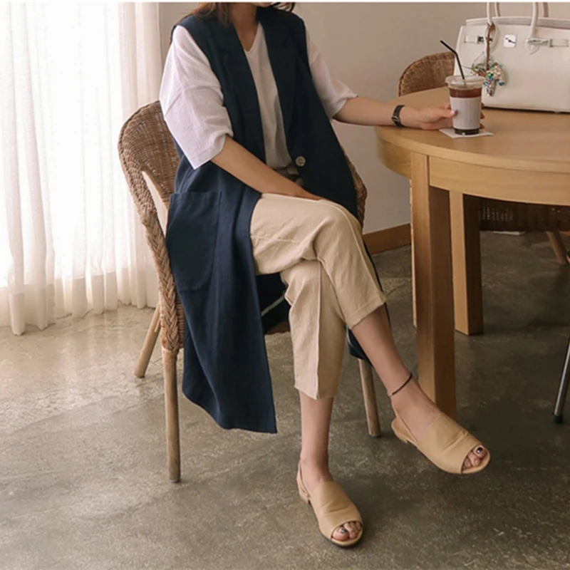 Женский блейзер без рукавов длинный льняной жилет однобортный свободный белый