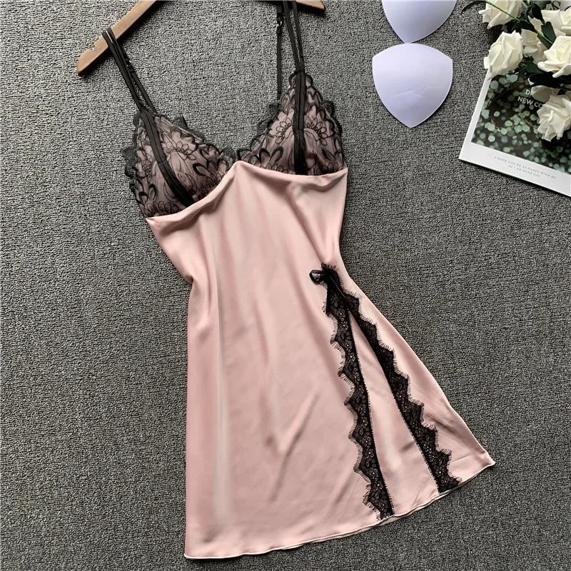 

Lace Patchwork Female Spaghetti Strap Nightgown Satin Sexy Nightdress Intimate Lingerie Kimono Bathrobe Gown Casual Home Clothes