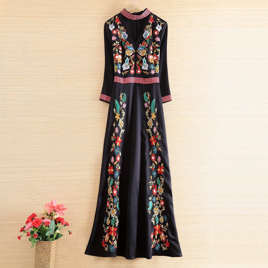 Новое Осеннее женское платье в этническом стиле ретро элегантное с вышивкой v