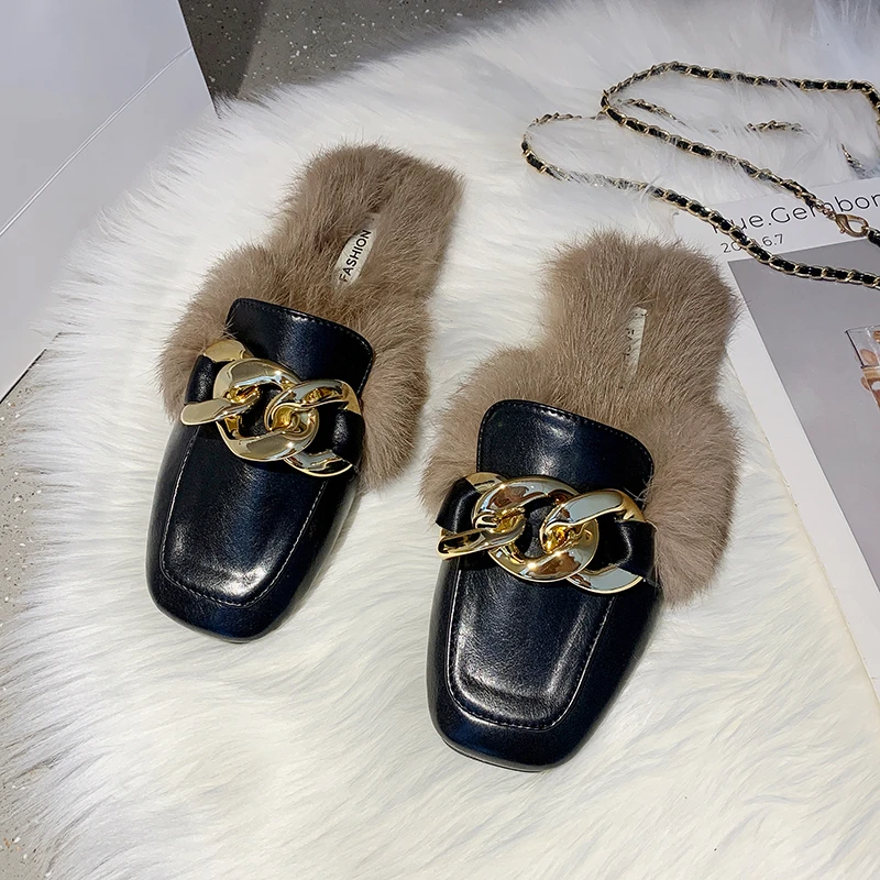 

2021 Autumn Winter Fur Mules Women Flats Shoes Loafers Chain Half Slippers Women Furry Slides Fluffy Hairy Square Toes Slippers