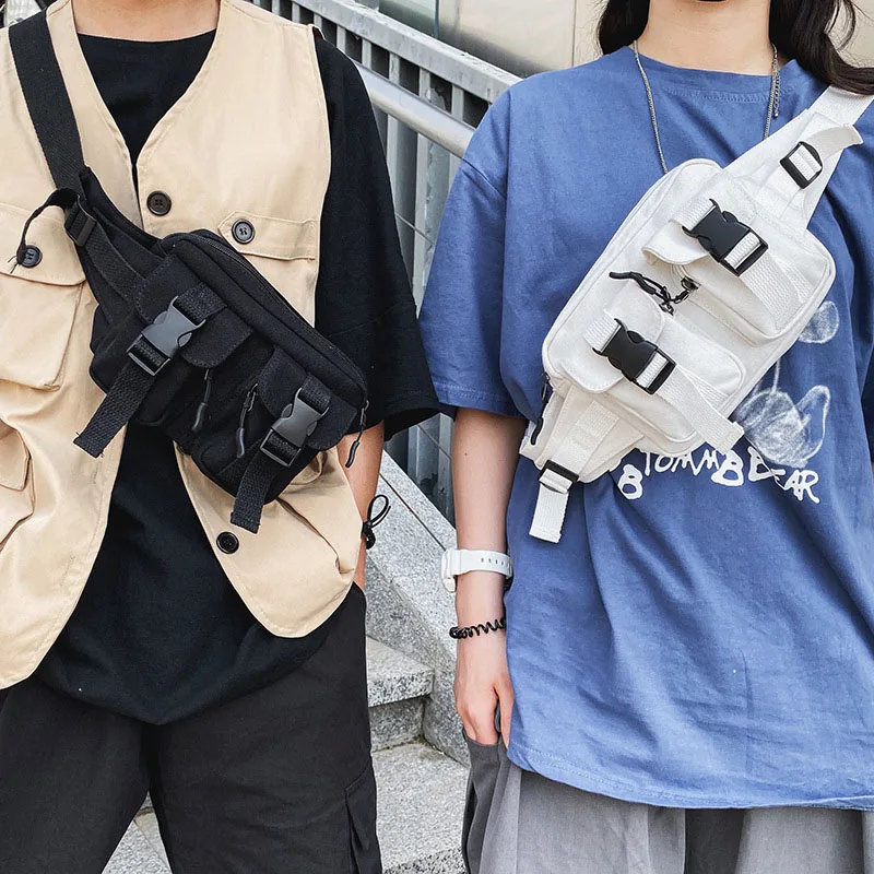 

В винтажном стиле; Женская полотняная поясная сумка большая емкость в стиле «хип-хоп» с несколькими карманами нагрудные сумки мода Мужская ...