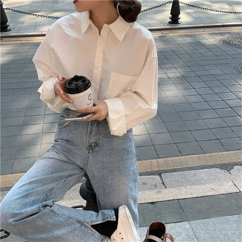 

2021 White Gentle Solid Brief OL All Match Fresh Fashion New Chic Loose Minimalist Casual High Quality Women Shirts
