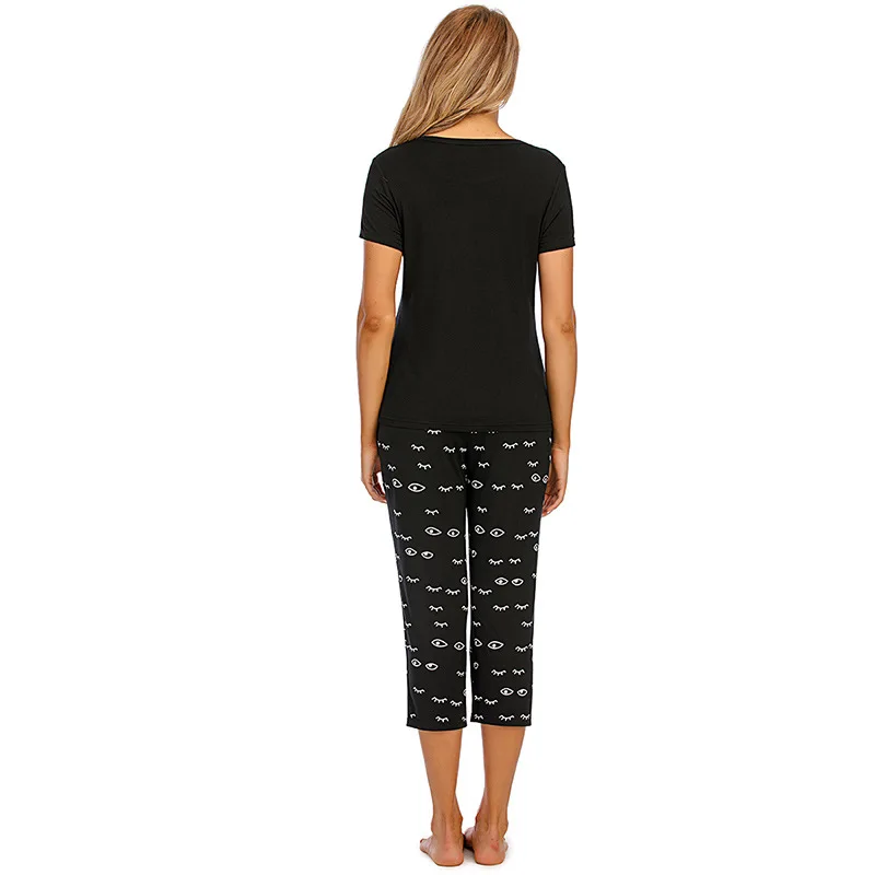 

Women Spirng Night Suit Short Sleeve Cropped Trousers Cartoon Print Autumn Sleepwear Two-Piece Sets for Home Service Round Neck