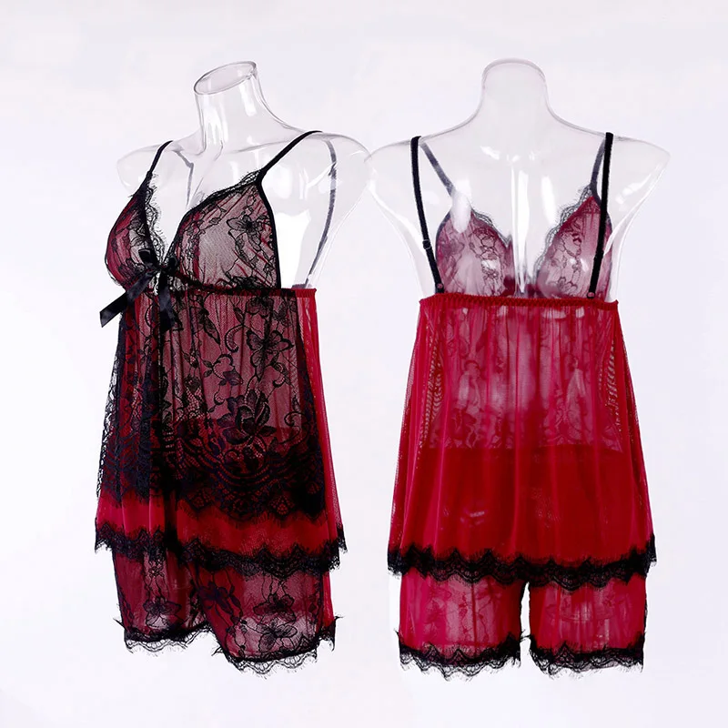Wine red Пижама женская домашняя одежда ночнушка ночная сорочка пижамы женские сексуальные прозрачные женские пижамные комплекты летний кружевной спальный костюм Шелковая пижама женское белье пижамы Ночная рубашка - Цвет: Wine red