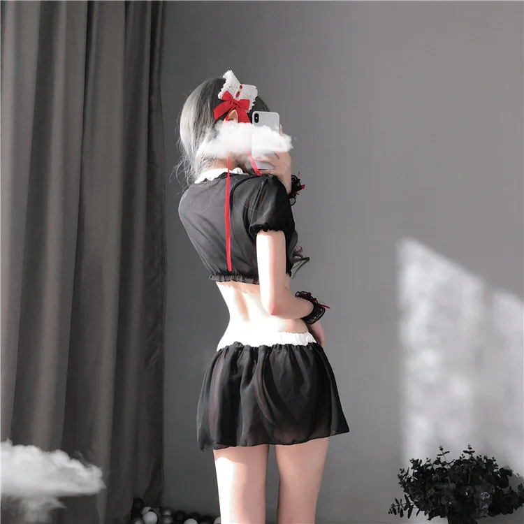 

HOT Sexy Lingerie Cosplay Japaniese Erotic Apron Maid Sexy Costume Babydoll Dress Set Women Black Lace Miniskirt Outfit