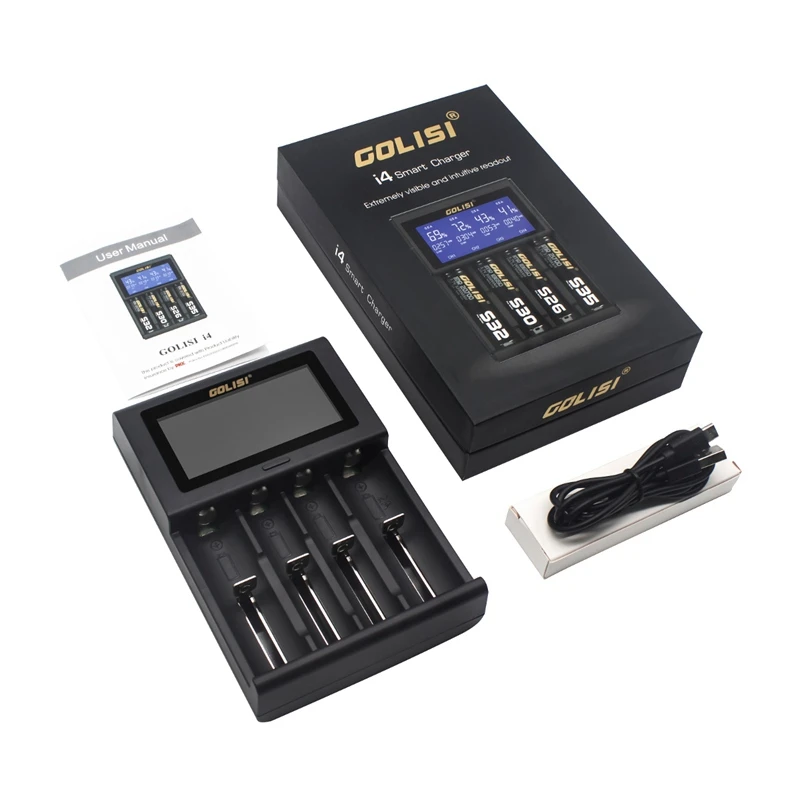 GOLISI i4 Smart Charger 18650 26650 20700 Аккумулятор ЖК-дисплей USB 4 слота Зарядка AA AAA Интеллектуальное быстрое зарядное устройство 2A