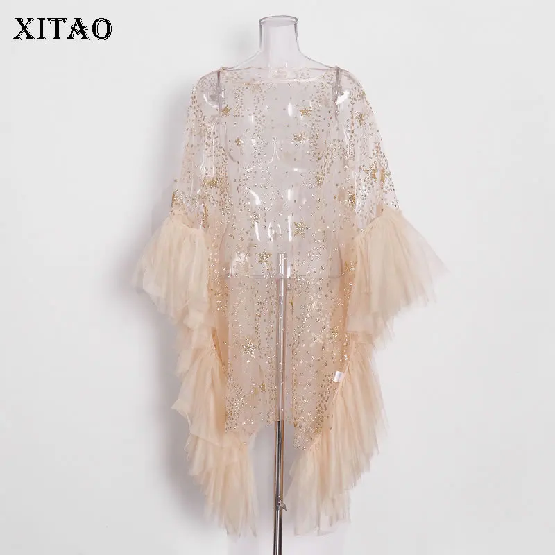 

Женская Асимметричная рубашка XITAO, сетчатая рубашка с блестками, с круглым вырезом и воротником, ZY5182
