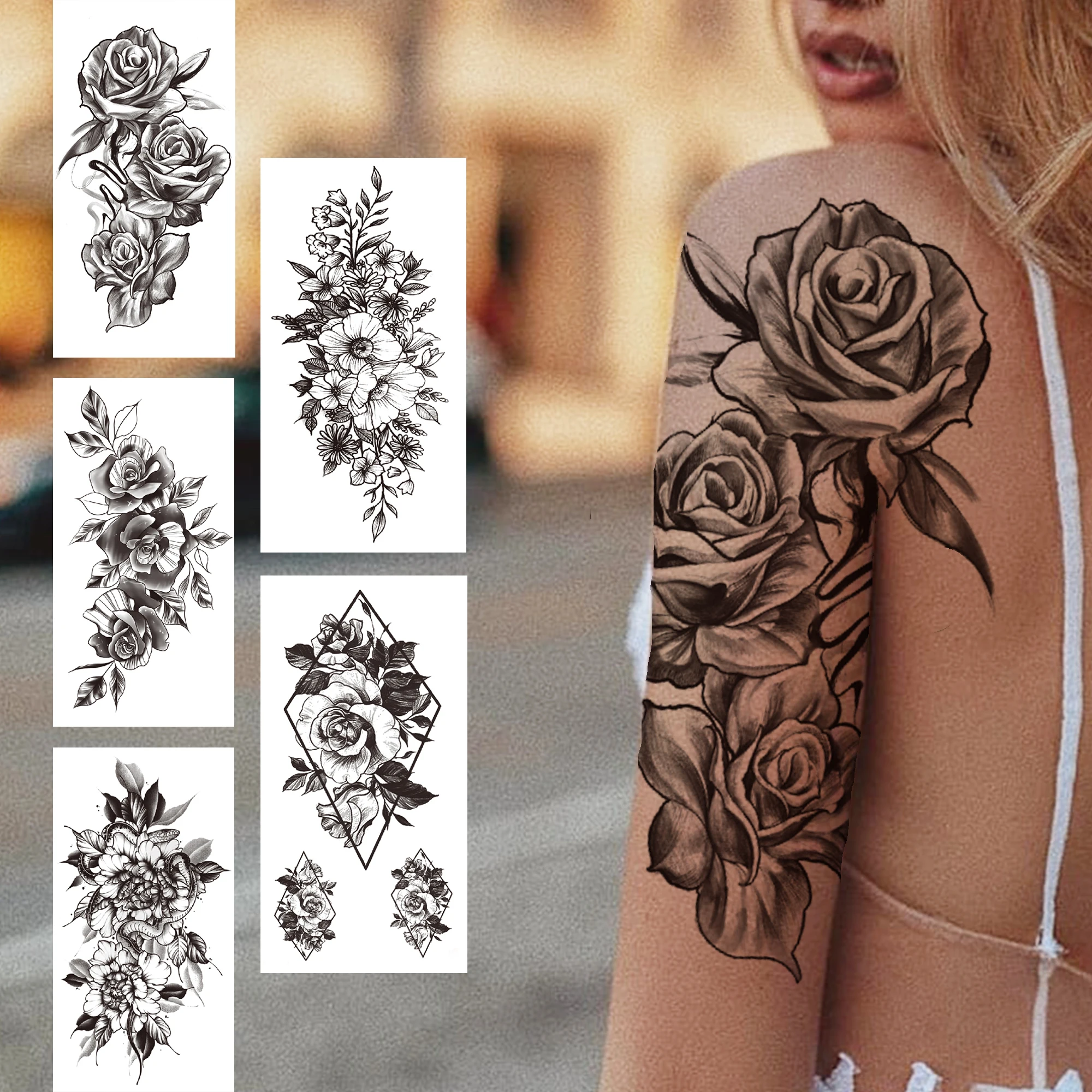 Black 3D Rose Temporary Tattoo For Women Girls Adult Peony Dahlia Flower Tattoos Sticker Black Flora Glory Geometric Arm Tatoos